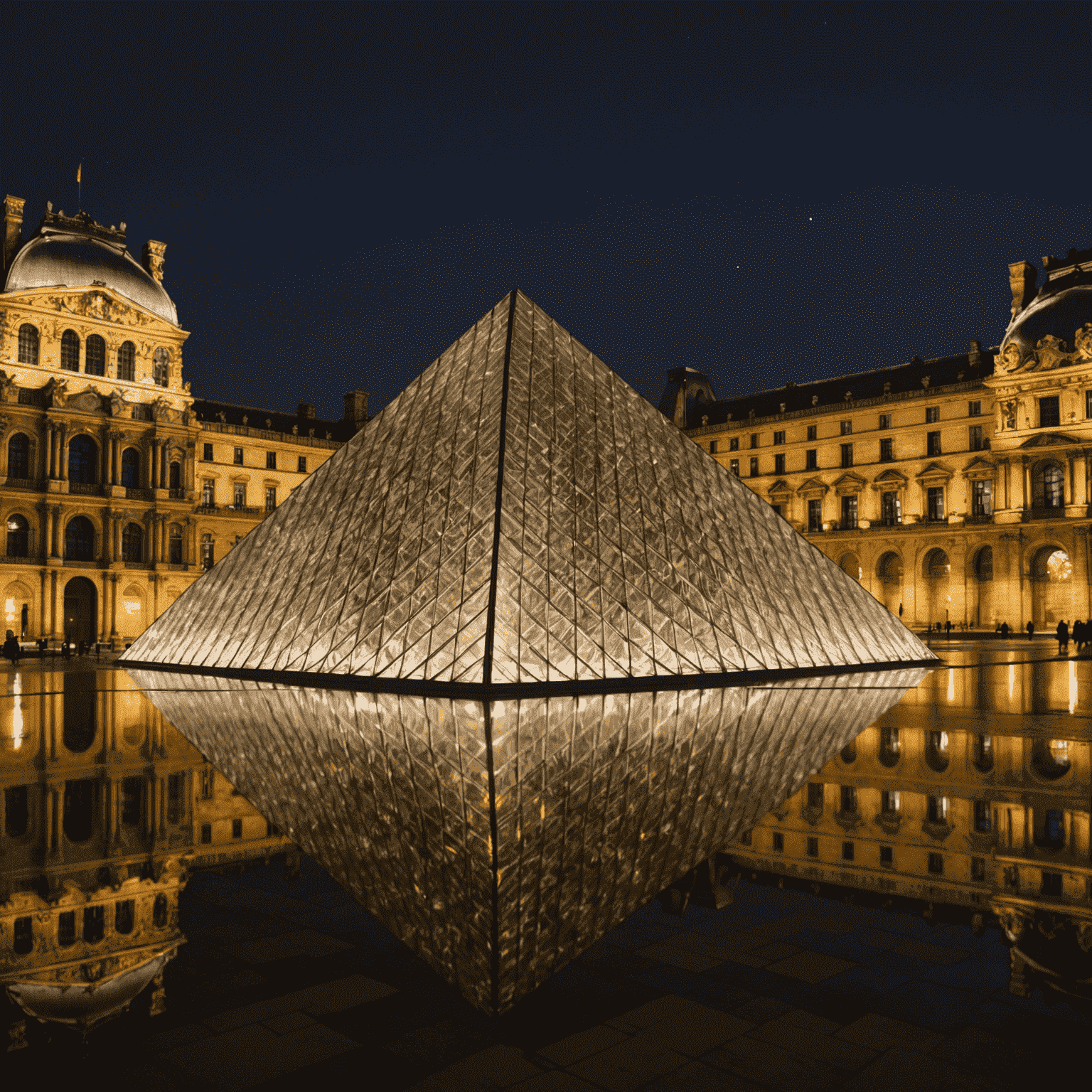 Vue de la pyramide du Louvre illuminée la nuit, reflétant les lumières dans l'eau du bassin environnant