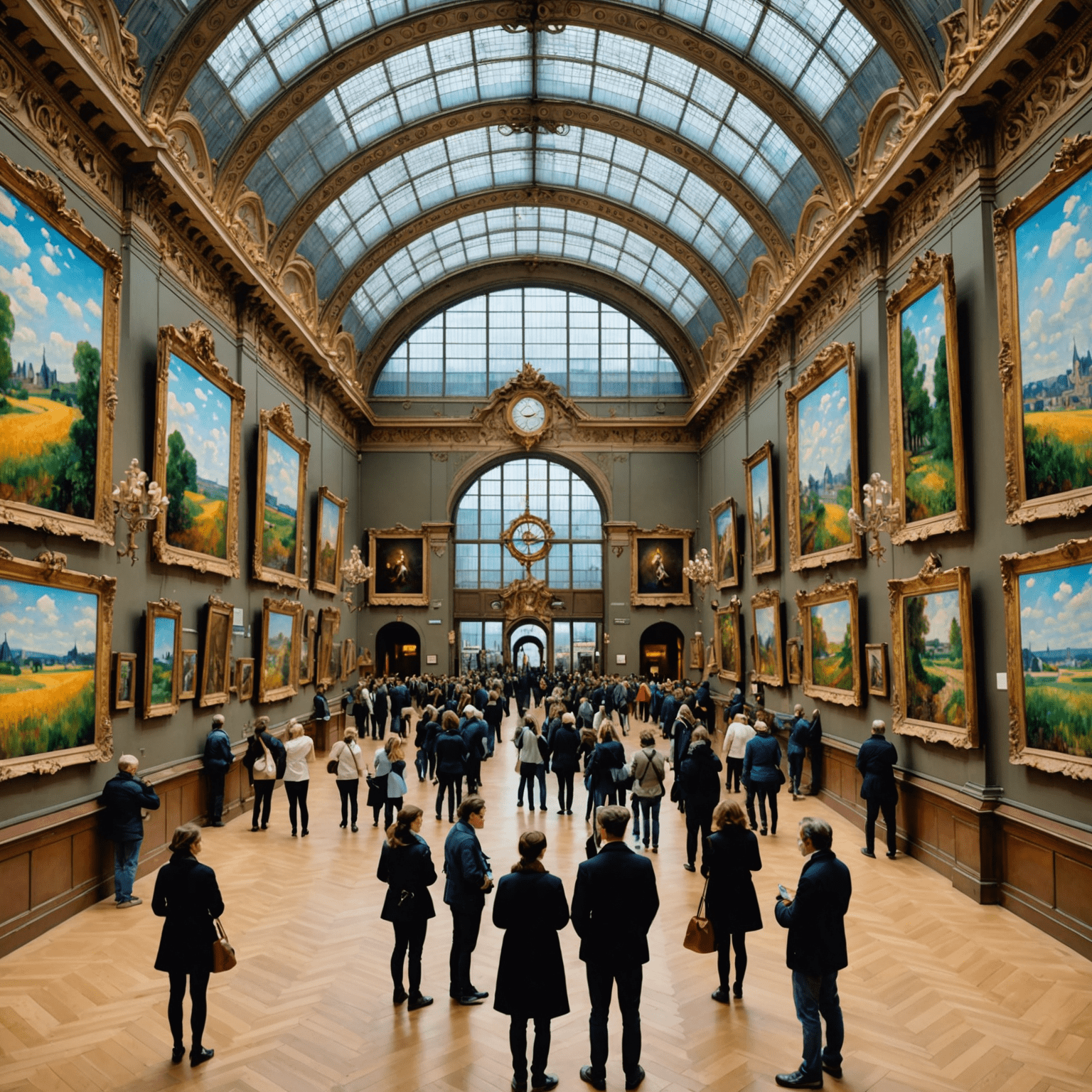 Vue panoramique de la nouvelle exposition impressionniste au Musée d'Orsay, montrant des tableaux célèbres de Monet, Renoir et Degas dans une salle lumineuse et spacieuse