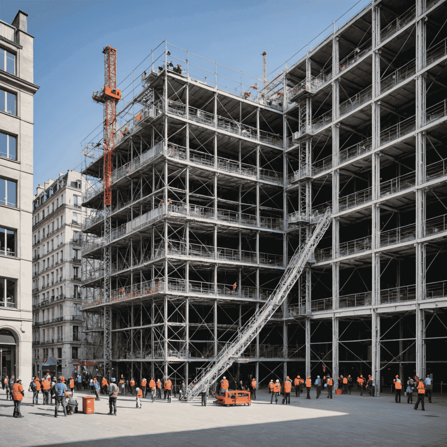 Vue extérieure du Centre Pompidou avec des échafaudages et des ouvriers travaillant sur la façade