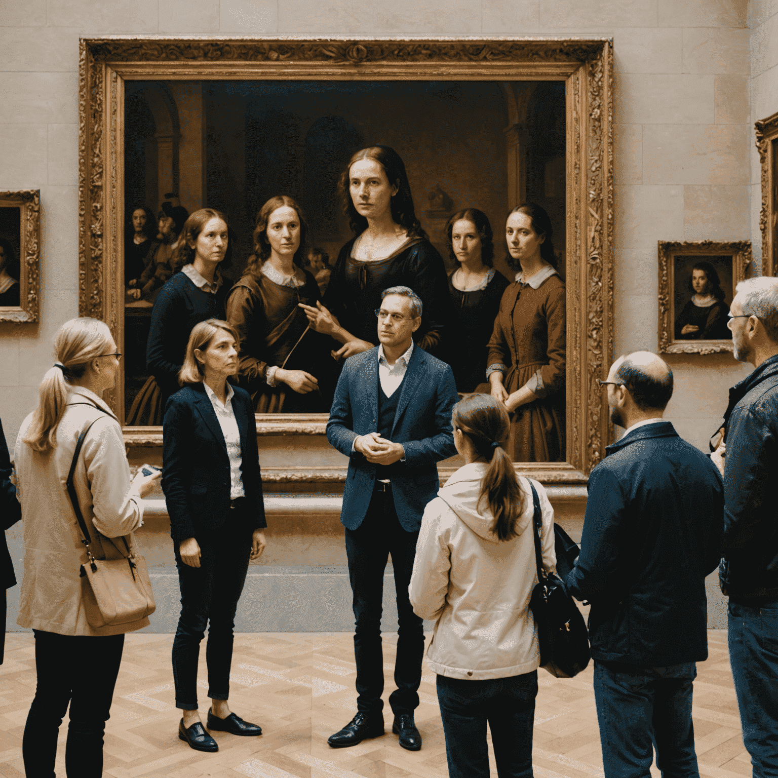 Guide expert expliquant une œuvre d'art au Louvre à un groupe de visiteurs attentifs