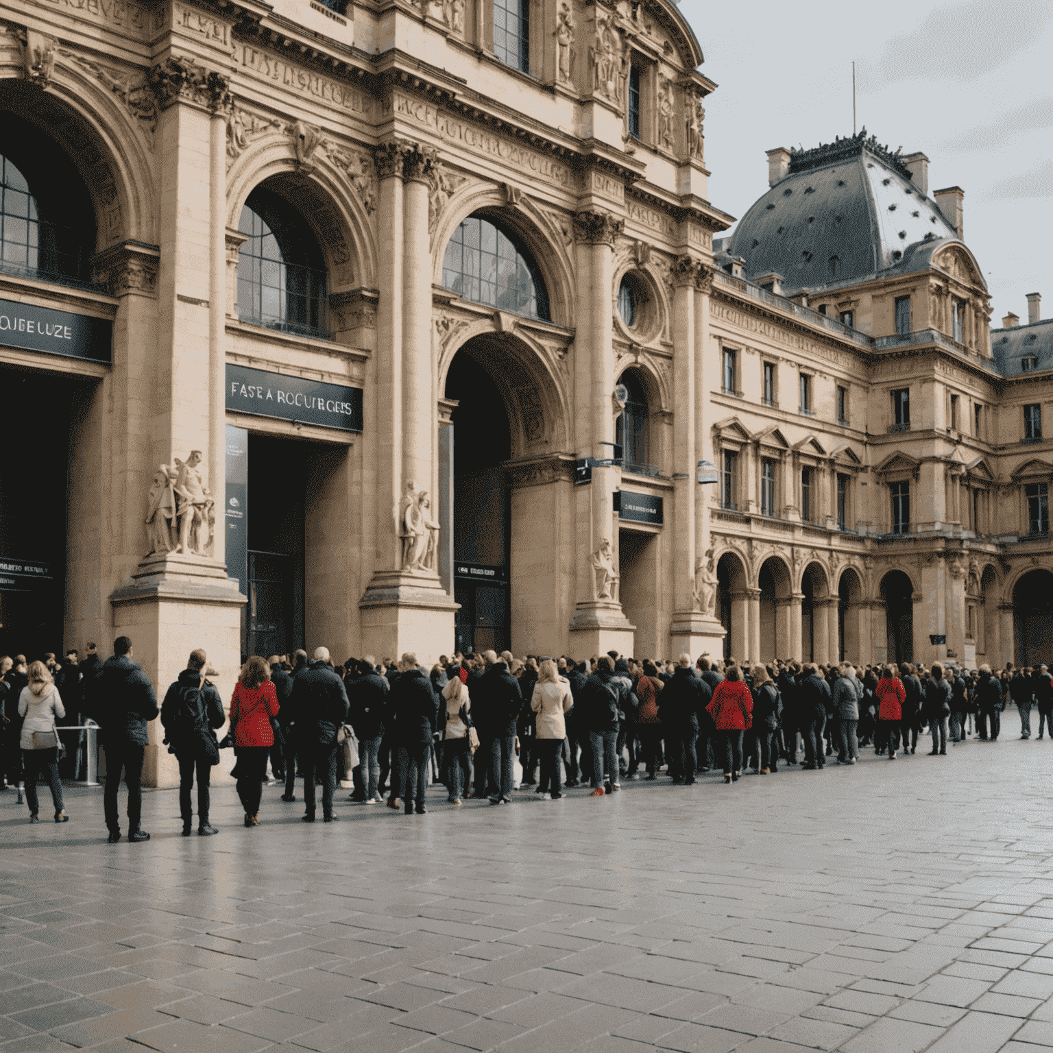 Une file d'attente longue devant l'entrée du Louvre, avec des visiteurs qui attendent patiemment. À côté, une entrée VIP vide avec un panneau 'Accès Rapide'