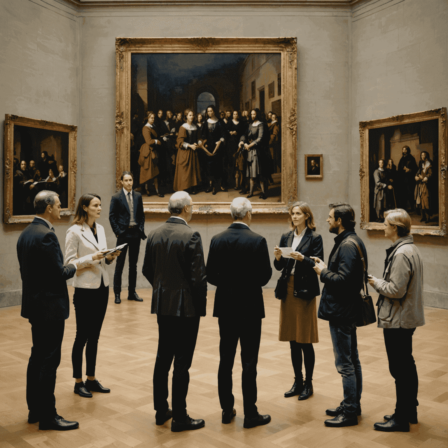 Guide expliquant une œuvre d'art à un petit groupe dans une salle du Louvre