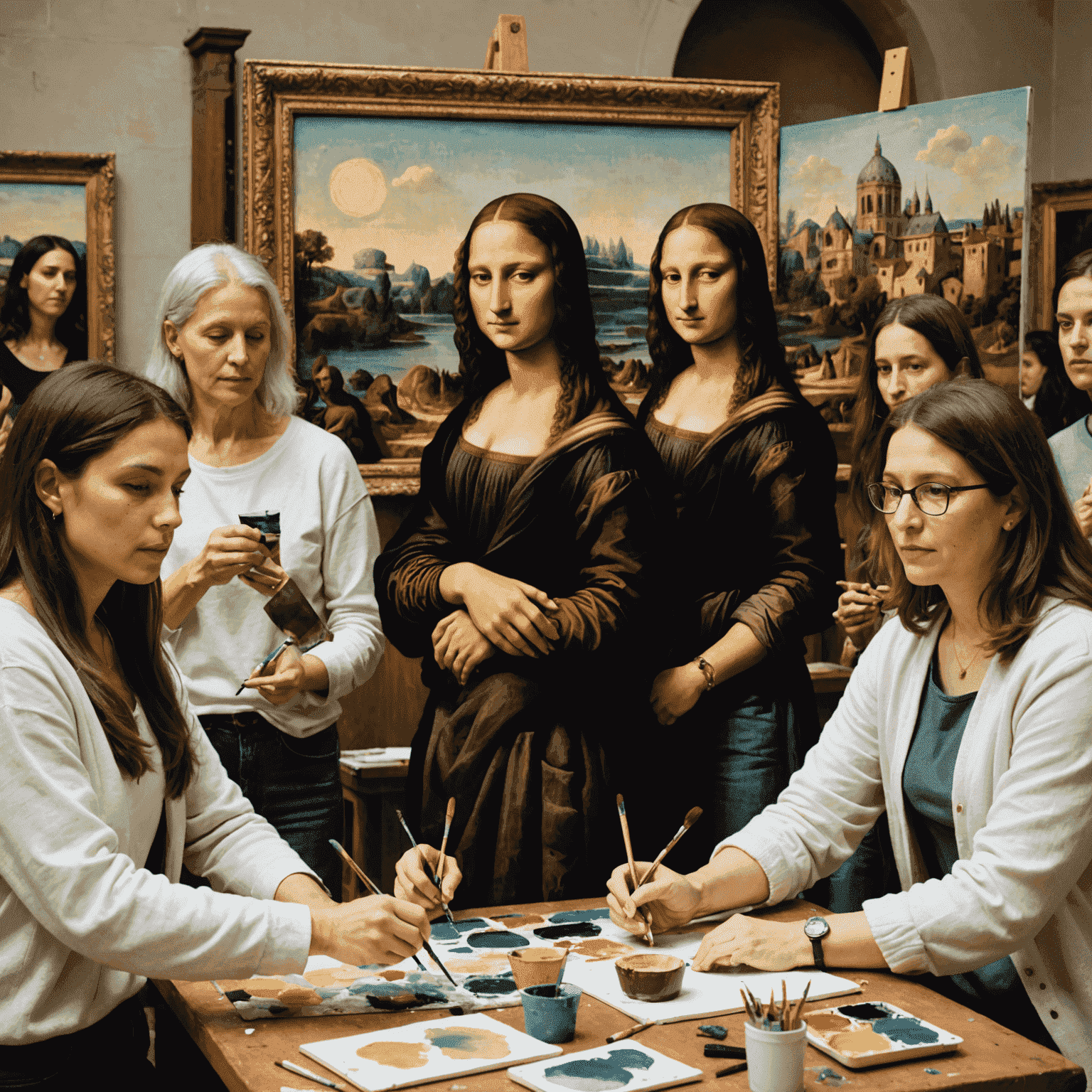 Un groupe diversifié de personnes participant à un atelier d'art, peignant sur des toiles inspirées de la Joconde du Louvre