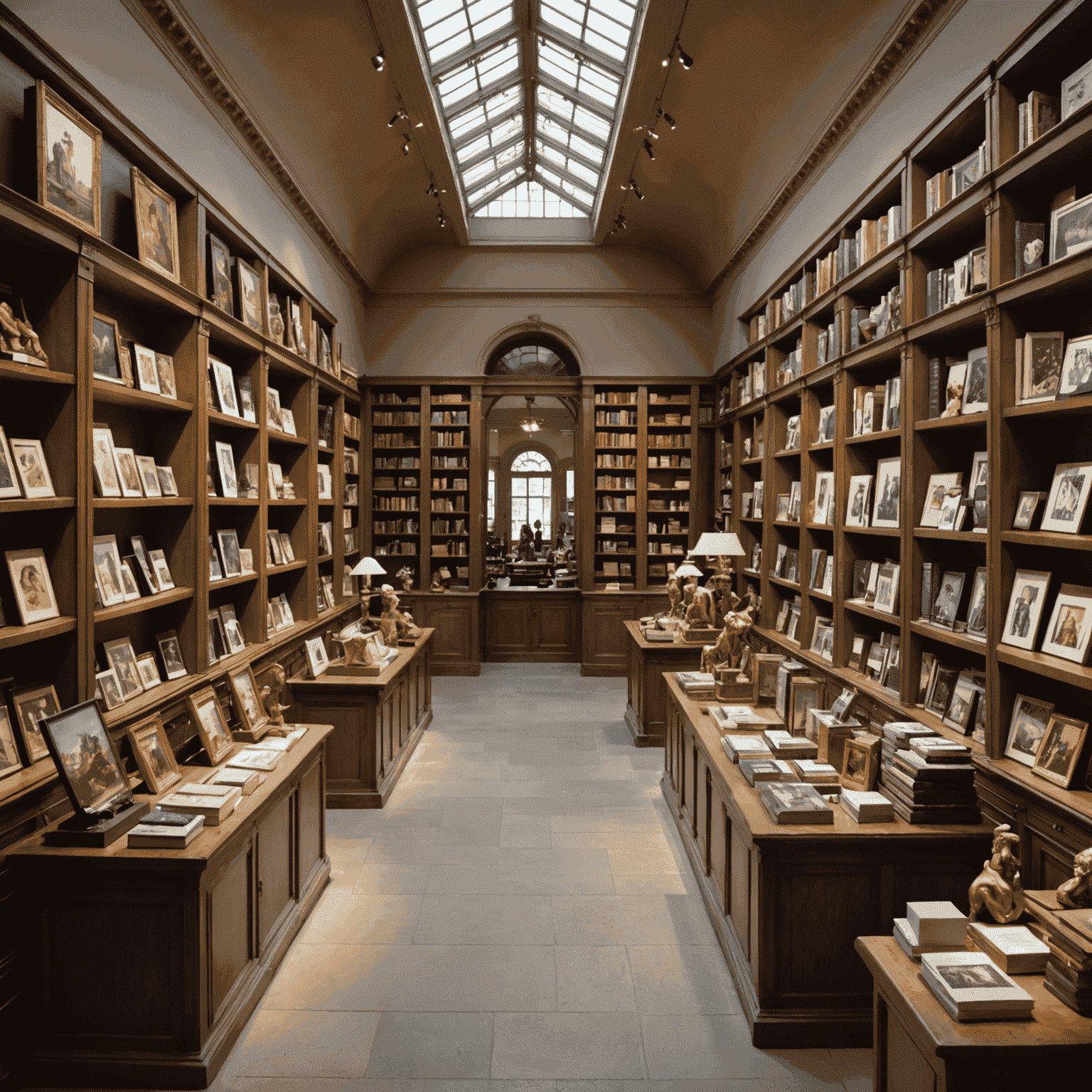 Vue d'ensemble de la boutique du musée avec des étagères remplies de livres d'art, de reproductions de sculptures et de souvenirs inspirés des collections du Louvre