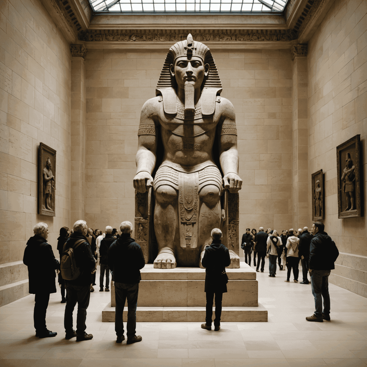 Visiteurs admirant une grande statue assyrienne dans la nouvelle salle mésopotamienne du Louvre