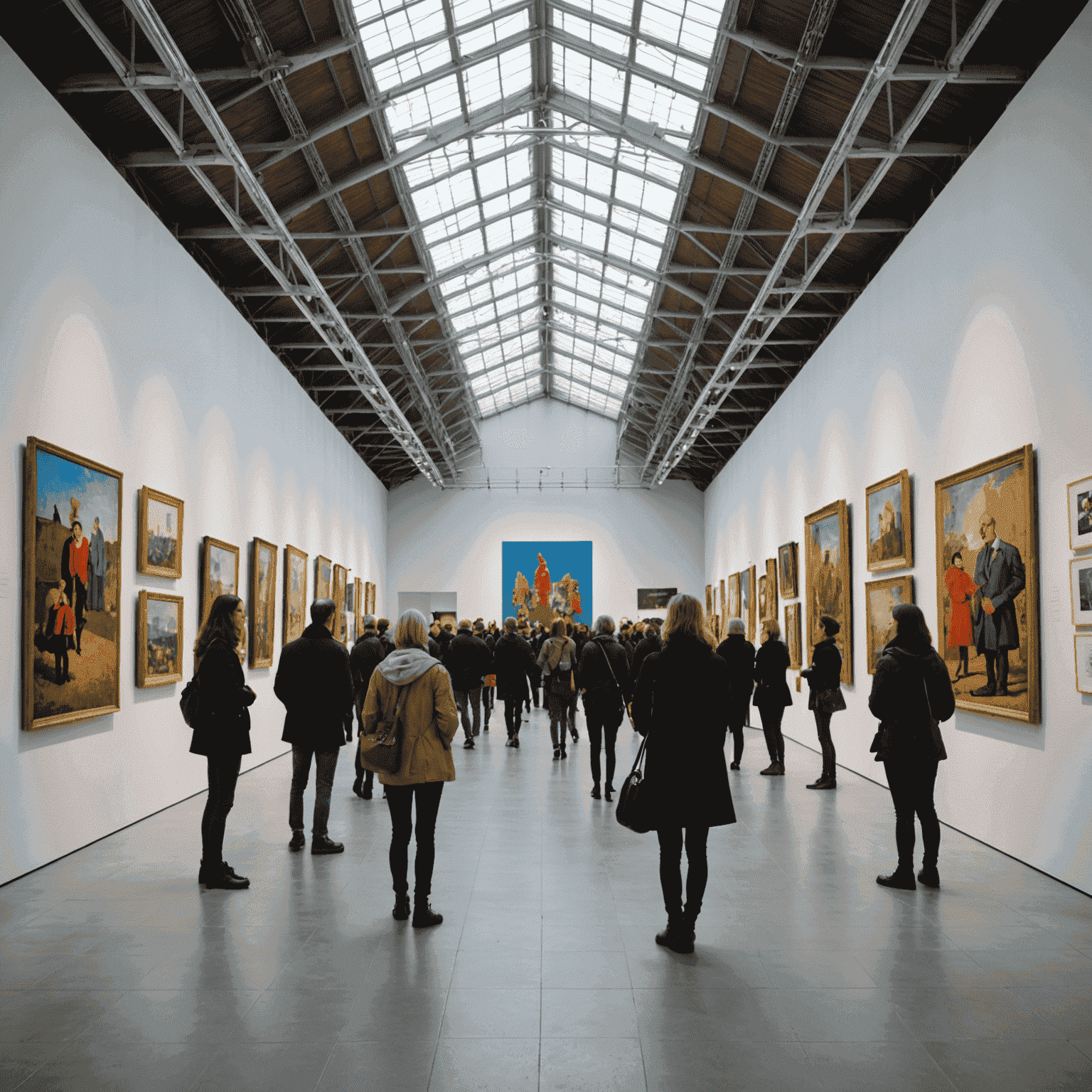 Vue intérieure d'une galerie du Centre Pompidou avec des visiteurs admirant des œuvres d'art moderne