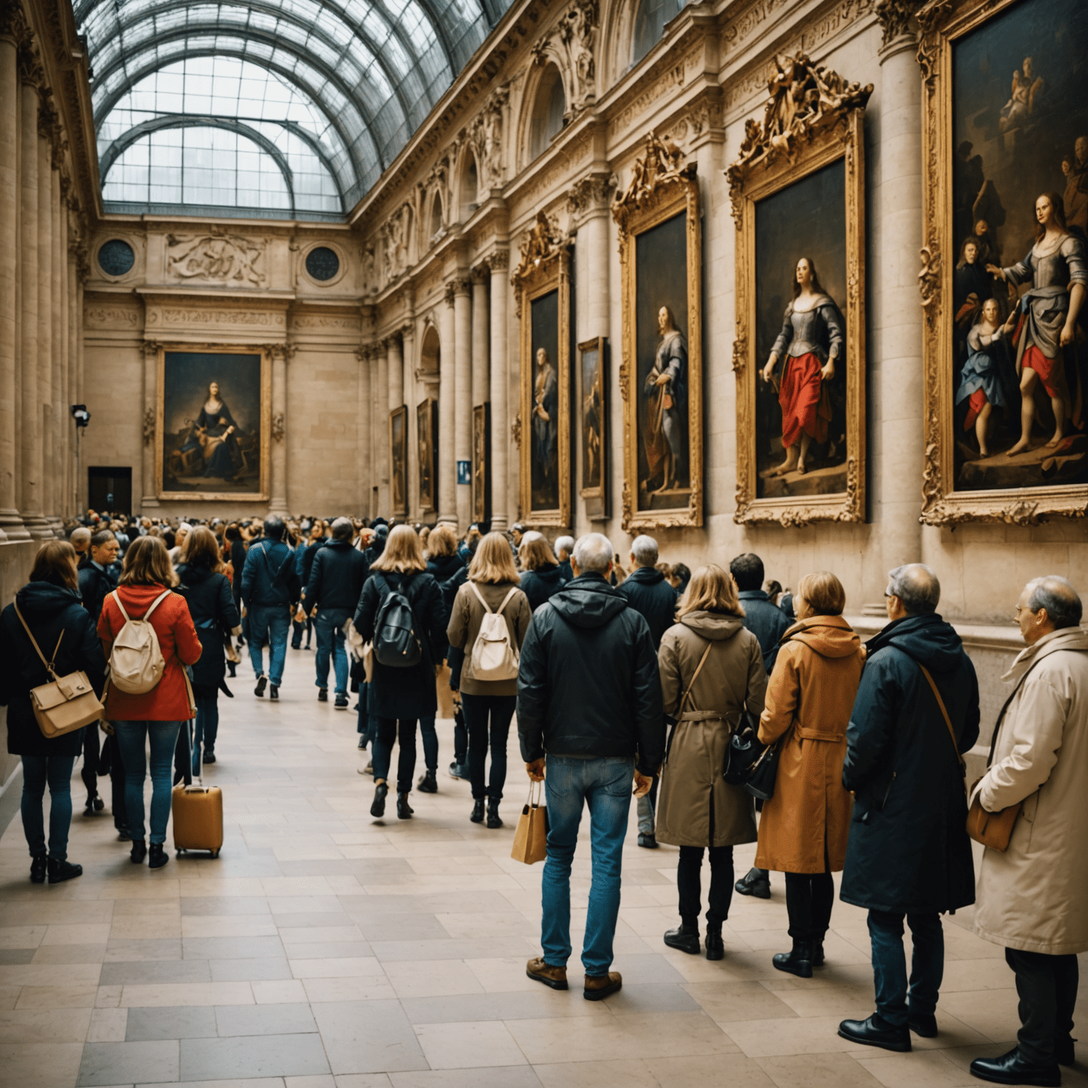 Image d'un visiteur passant devant une longue file d'attente grâce à un billet coupe-file au Louvre