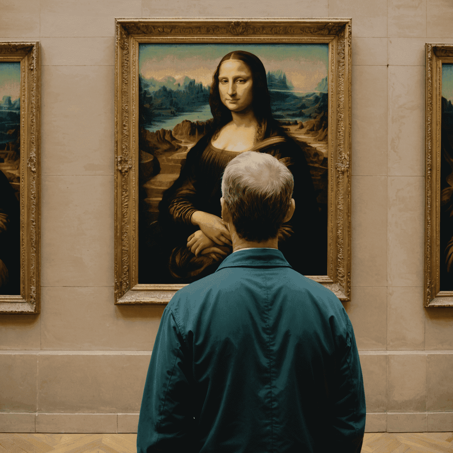 Visiteur admirant de près la Joconde dans une salle vide du Louvre