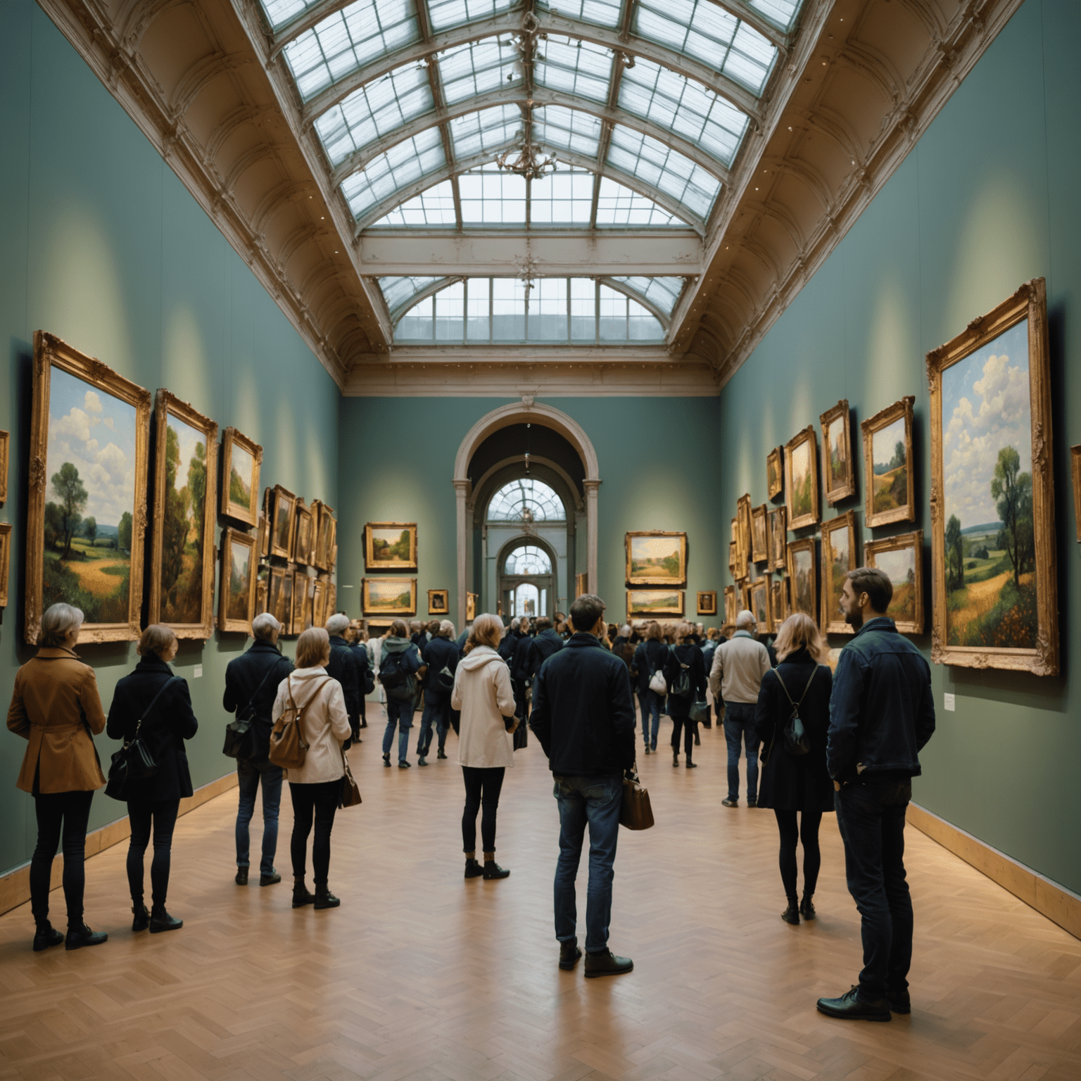 Vue d'ensemble de la salle d'exposition avec des visiteurs admirant les tableaux impressionnistes, mettant en évidence l'ambiance et la scénographie de l'exposition