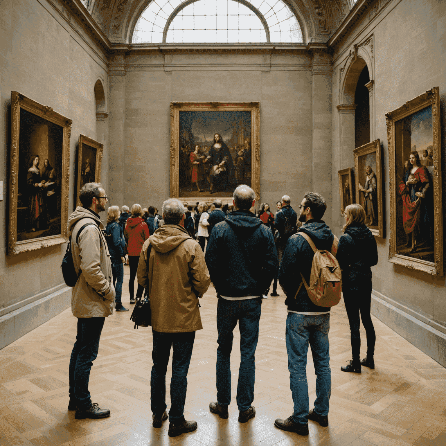 Image d'un guide donnant une visite privée à un petit groupe dans une galerie du Louvre