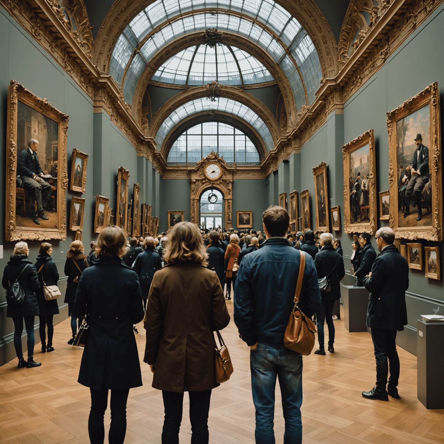 Groupe admirant les peintures impressionnistes au Musée d'Orsay avec un guide explicatif