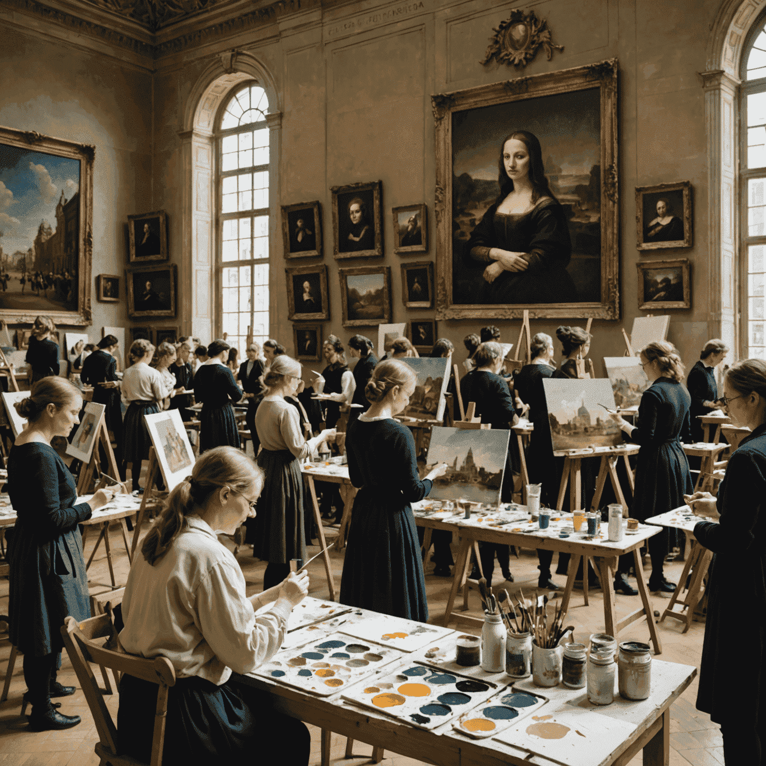 Image d'un atelier d'art où les participants peignent inspirés par des œuvres célèbres du Louvre