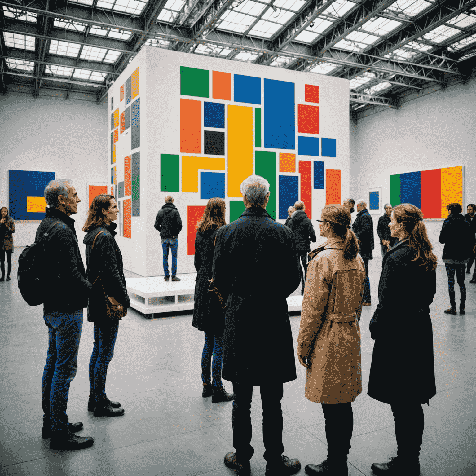 Visiteurs observant une installation d'art moderne au Centre Pompidou avec un guide donnant des explications