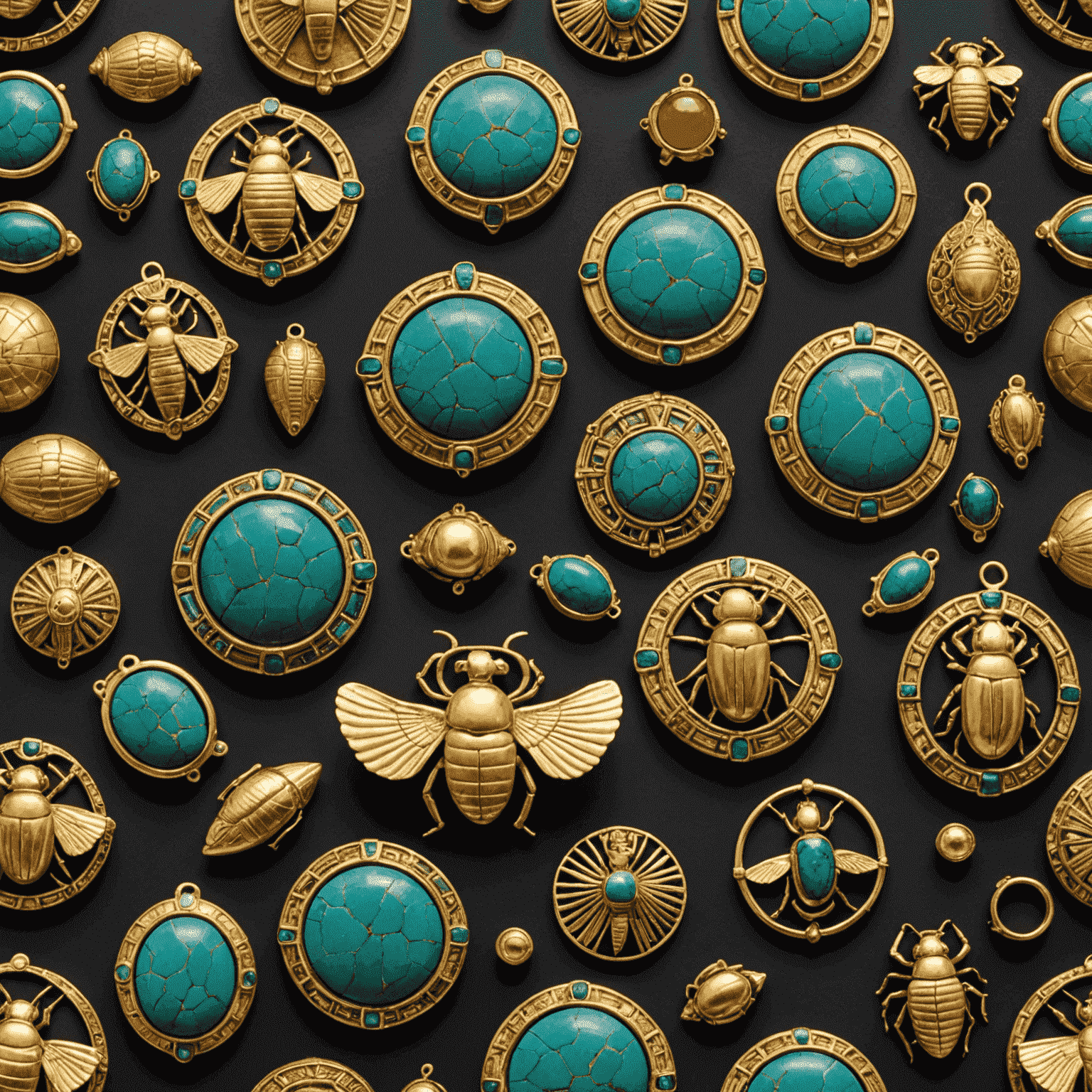 Assortiment de bijoux inspirés de l'art égyptien ancien, incluant des scarabées et des amulettes