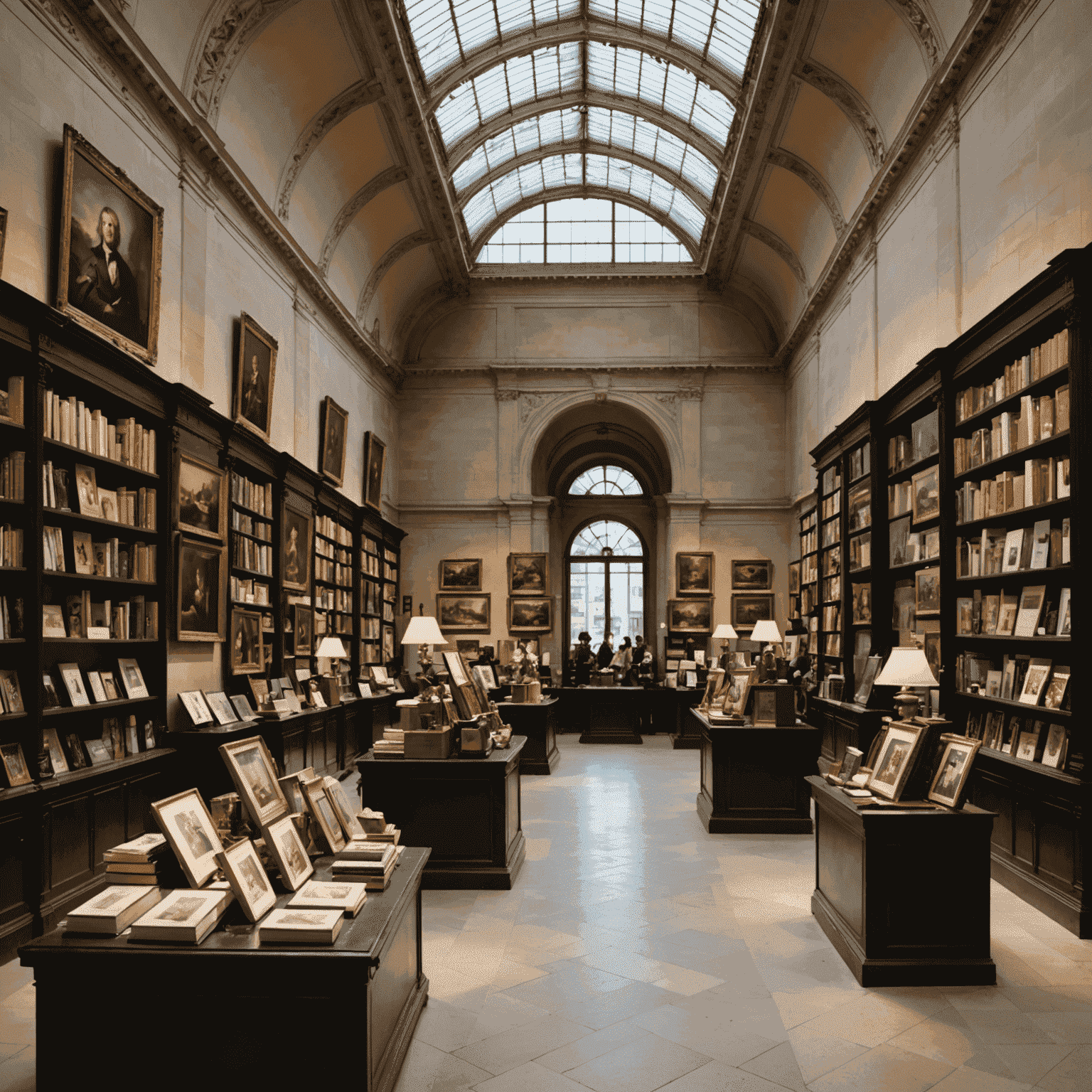 Image d'une boutique de musée élégante proposant des reproductions d'art, des livres et des souvenirs du Louvre