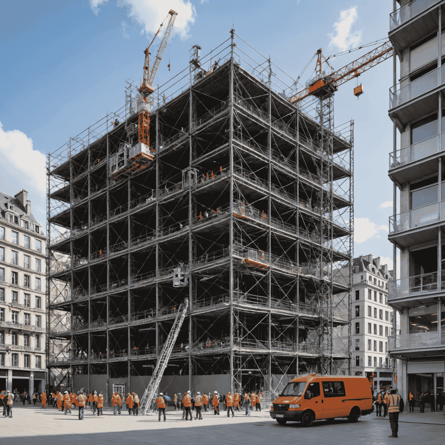 Image du Centre Pompidou en cours de rénovation, montrant des échafaudages et des ouvriers travaillant sur la façade emblématique du bâtiment